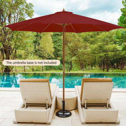 10 Feet Patio Umbrella with 8 Wooden Ribs and 3 Adjustable Heights-Wine