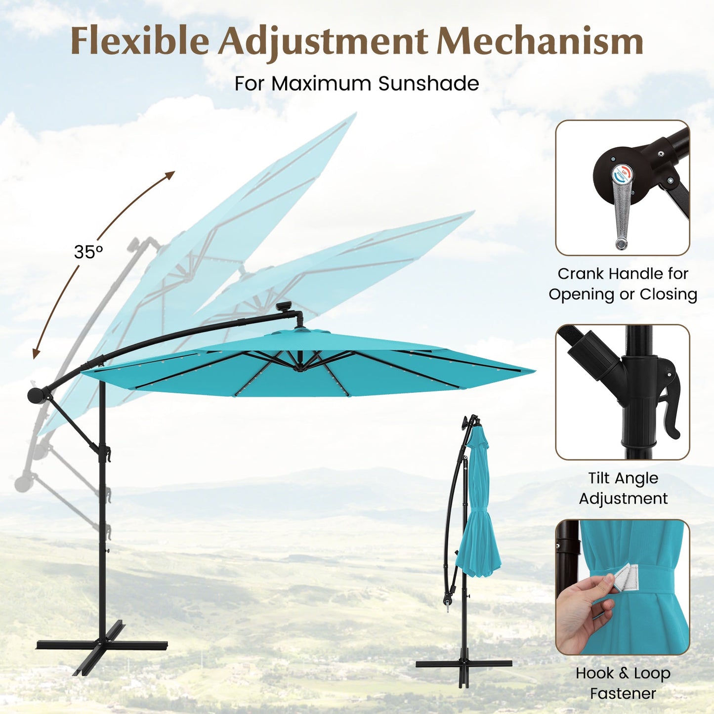 10 Feet Solar LED Offset Umbrella with 40 Lights and Cross Base for Patio-Turquoise