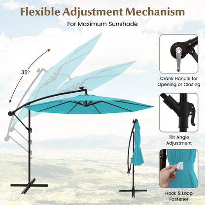 10 Feet Solar LED Offset Umbrella with 40 Lights and Cross Base for Patio-Turquoise