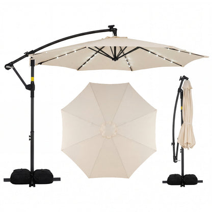 10 Feet Solar Offset Hanging Umbrella with Base and 32 LED Lights