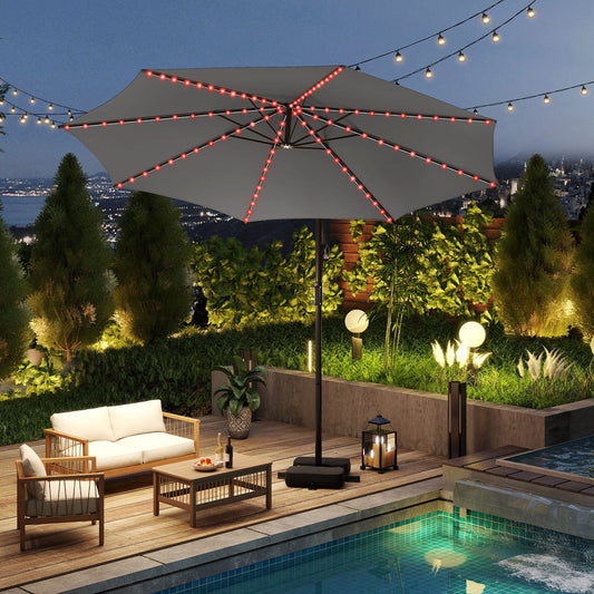 10 Feet Solar Offset Hanging Umbrella with Base and LED Lights-Gray
