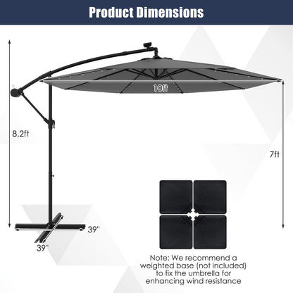 10 Feet Solar Offset Hanging Umbrella with 40 Lamp Beads and Solar Panel-Gray