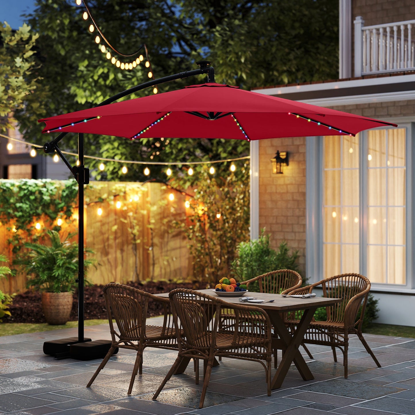 10 Feet Solar Offset Hanging Umbrella with Base and LED Lights-Red