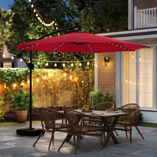 10 Feet Solar Offset Hanging Umbrella with Base and LED Lights-Red