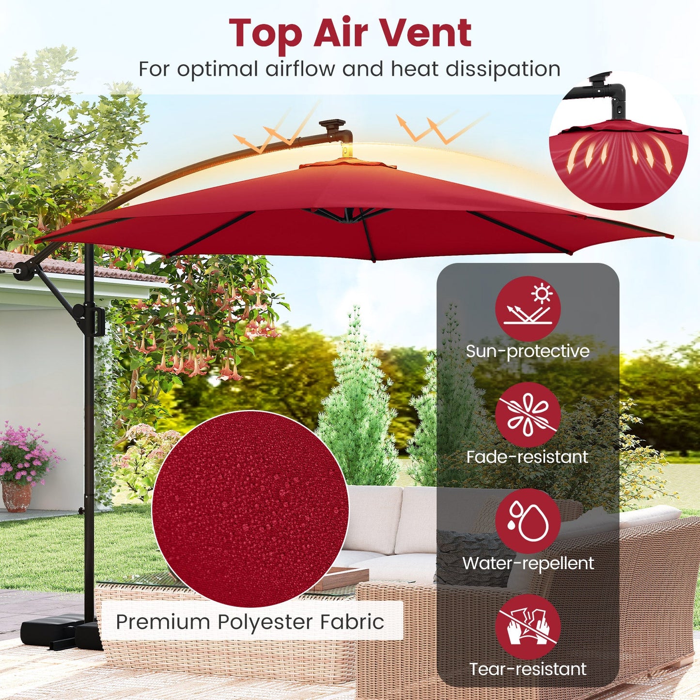 10 Feet Solar Offset Hanging Umbrella with Base and LED Lights-Red