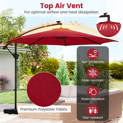 10 Feet Solar Offset Hanging Umbrella with Base and LED Lights-Red