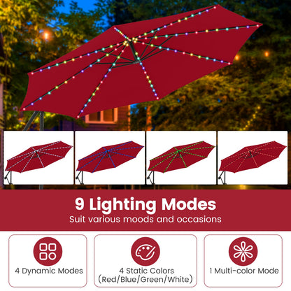 10 Feet Solar Offset Hanging Umbrella with Base and LED Lights-Red