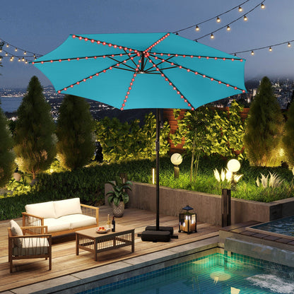 10 Feet Solar Offset Hanging Umbrella with Base and LED Lights-Turquoise