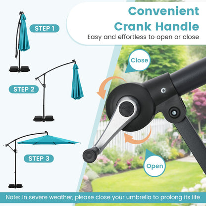 10 Feet Solar Offset Hanging Umbrella with Base and LED Lights-Turquoise