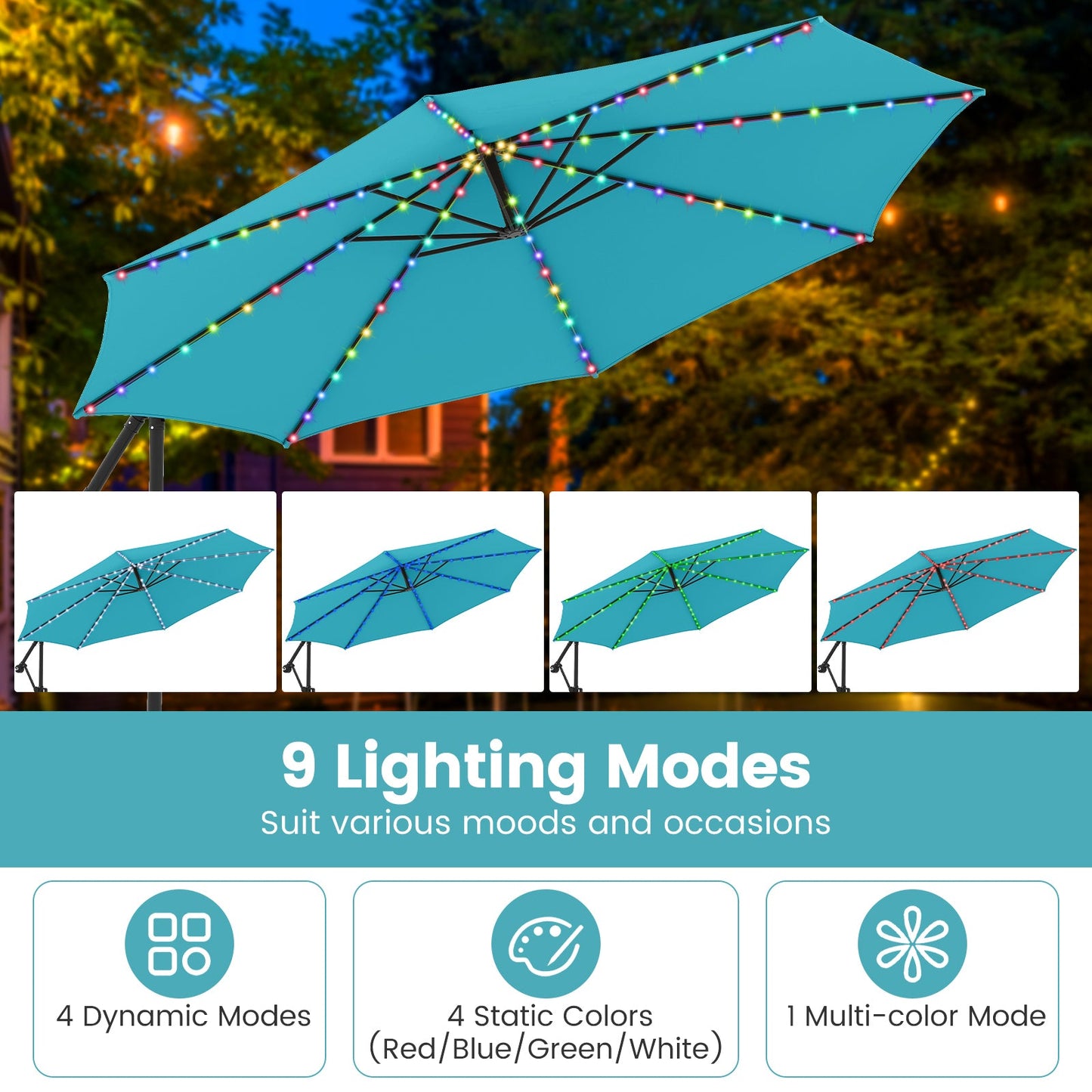 10 Feet Solar Offset Hanging Umbrella with Base and LED Lights-Turquoise