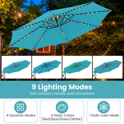 10 Feet Solar Offset Hanging Umbrella with Base and LED Lights-Turquoise