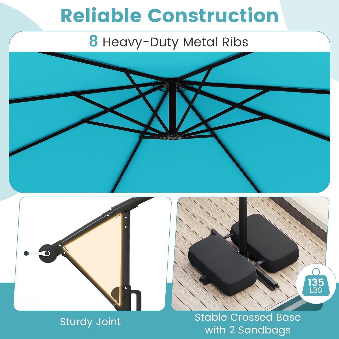 10 Feet Solar Offset Hanging Umbrella with Base and LED Lights-Turquoise