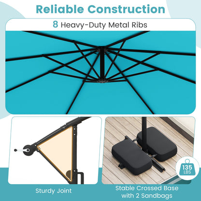 10 Feet Solar Offset Hanging Umbrella with Base and LED Lights-Turquoise