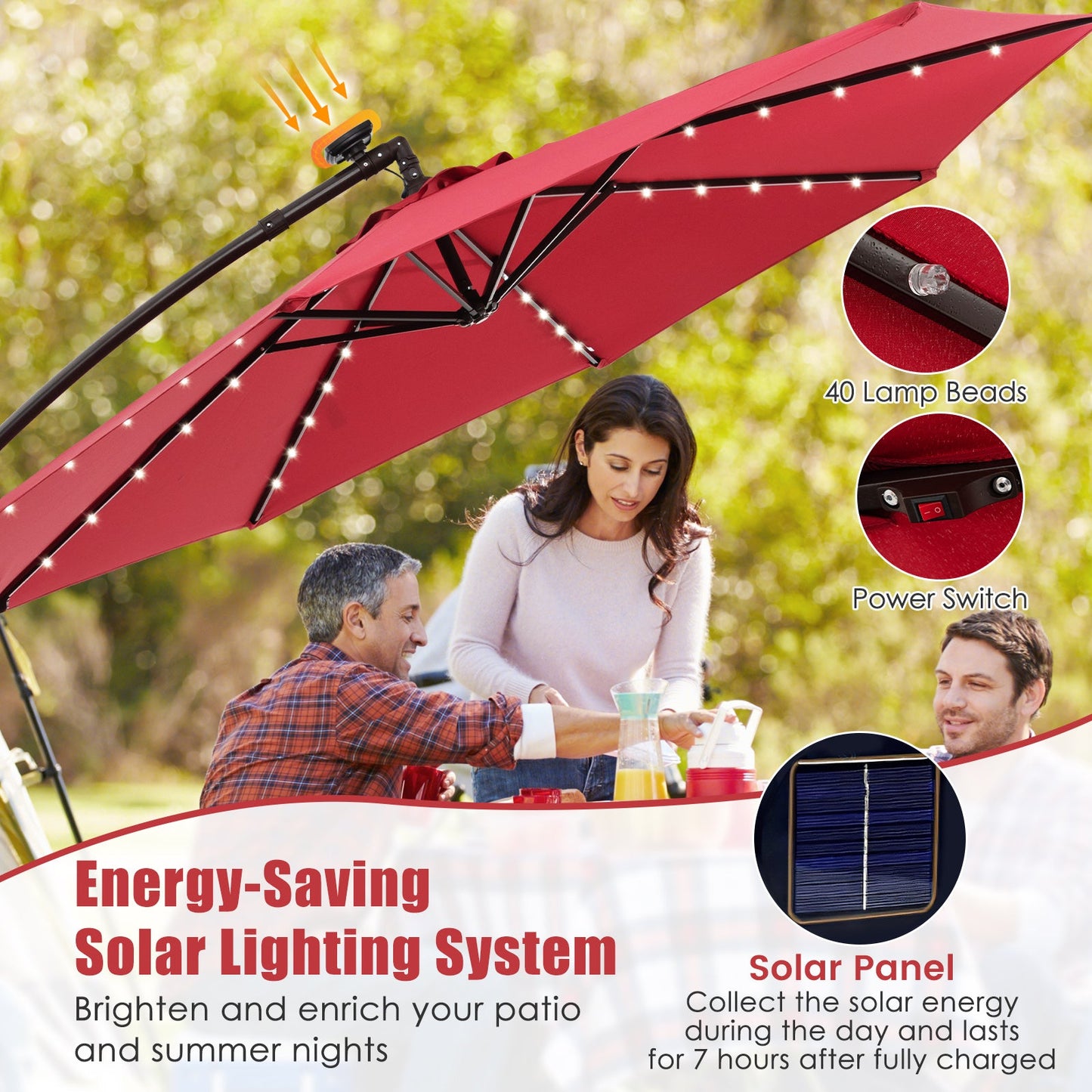 10 Feet Solar Offset Hanging Umbrella with 40 Lamp Beads and Solar Panel-Wine