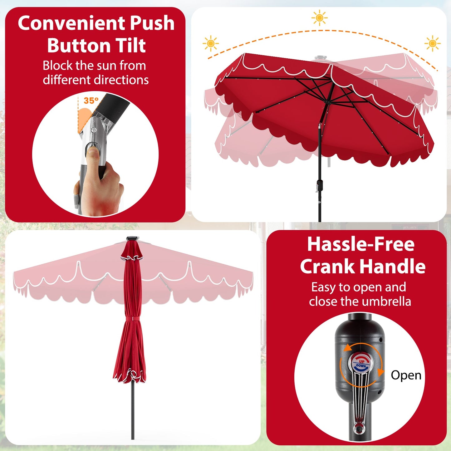 10 Feet Solar Patio Umbrella with 24 LED Lights-Red