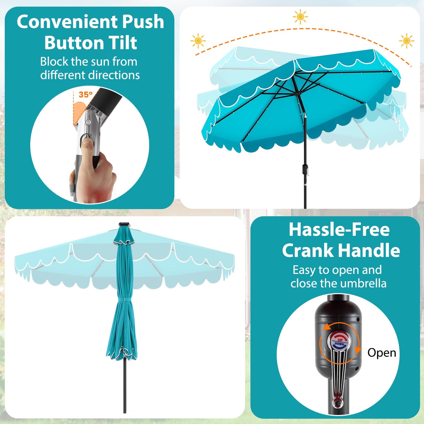 10 Feet Solar Patio Umbrella with 24 LED Lights-Turquoise