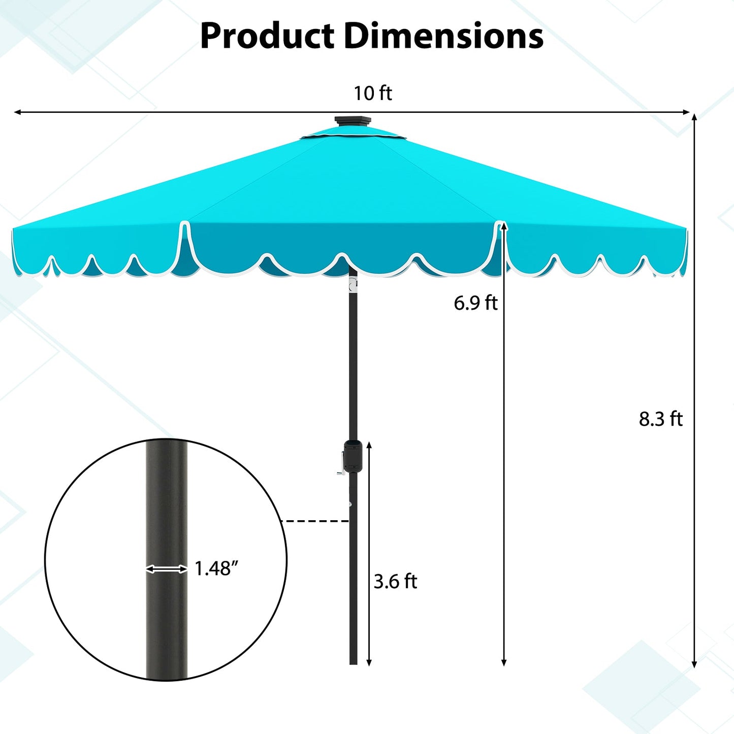 10 Feet Solar Patio Umbrella with 24 LED Lights-Turquoise