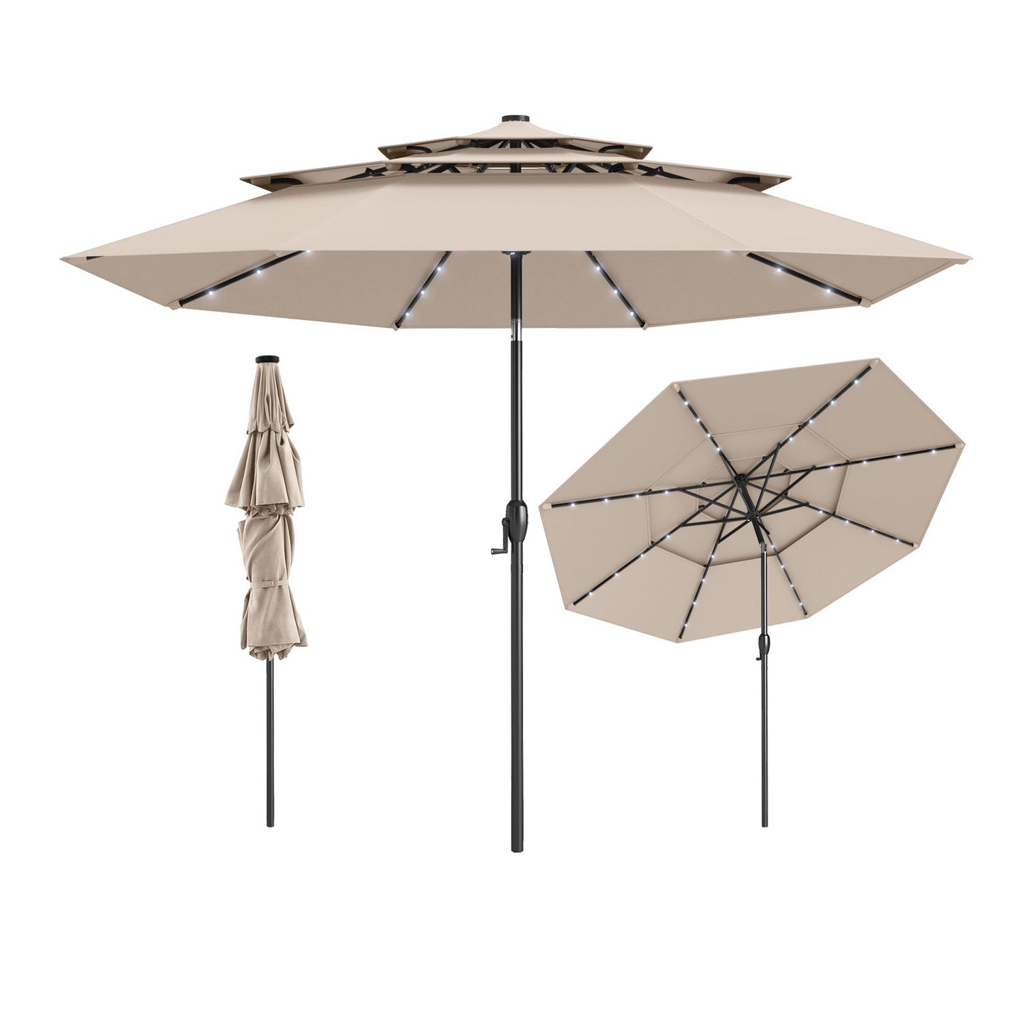 10 Feet Solar Patio Umbrella with 32 LED Lights 3-Tier Vented Top-Gray