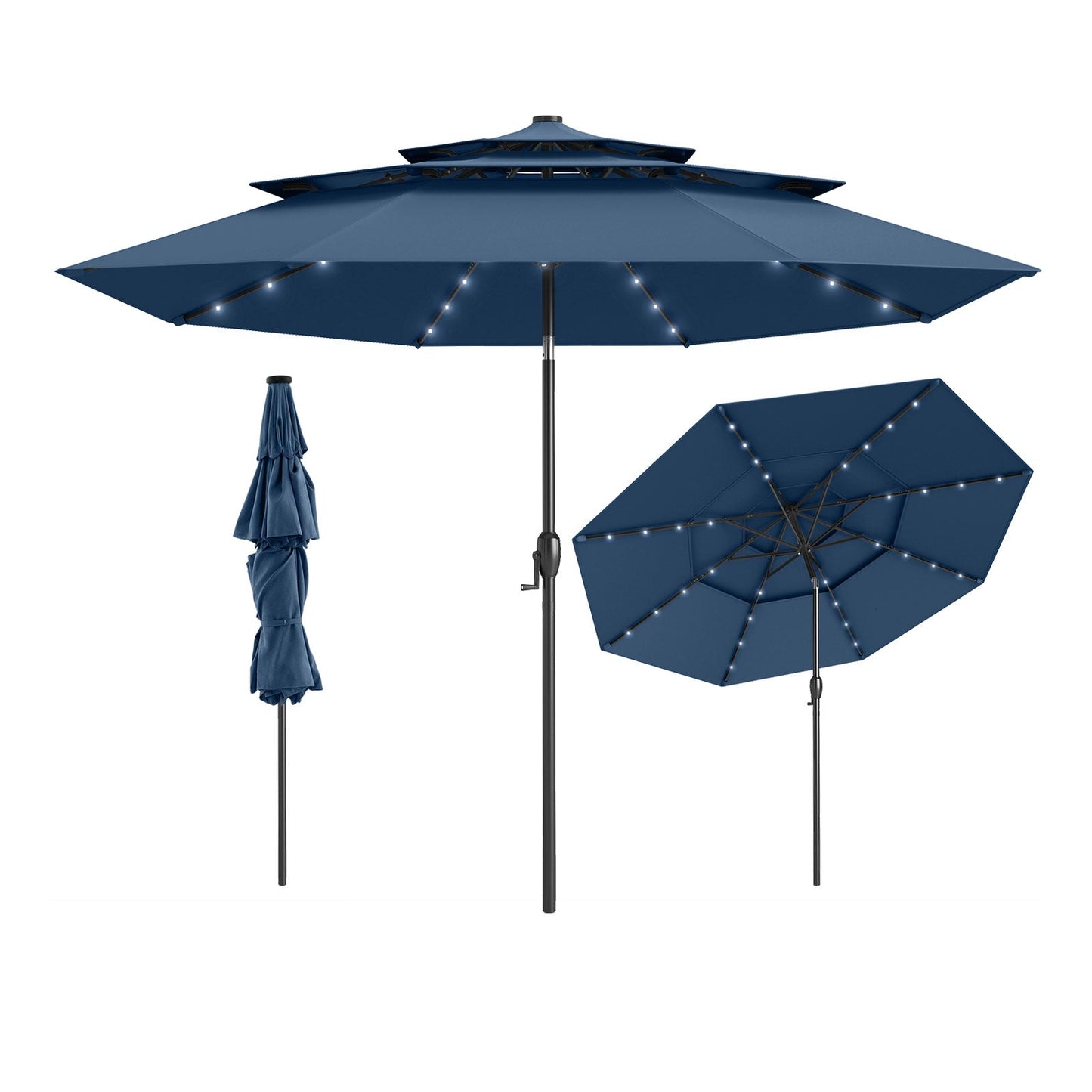 10 Feet Solar Patio Umbrella with 32 LED Lights 3-Tier Vented Top-Gray