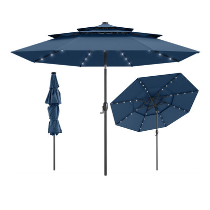 10 Feet Solar Patio Umbrella with 32 LED Lights 3-Tier Vented Top-Gray
