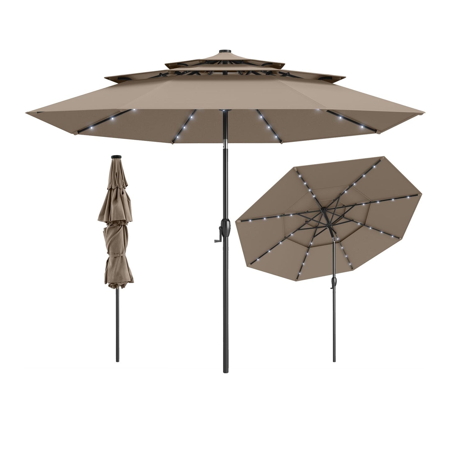 10 Feet Solar Patio Umbrella with 32 LED Lights 3-Tier Vented Top-Gray