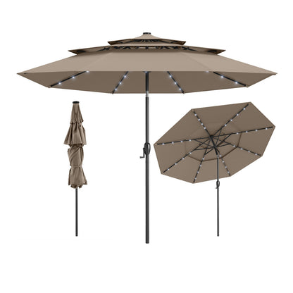 10 Feet Solar Patio Umbrella with 32 LED Lights 3-Tier Vented Top-Gray
