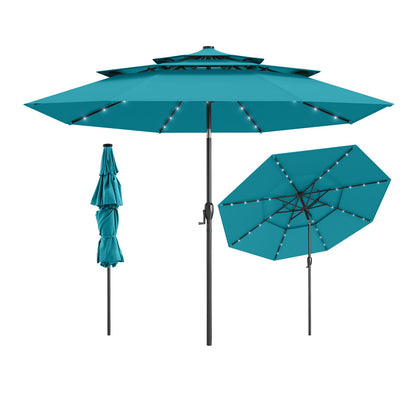 10 Feet Solar Patio Umbrella with 32 LED Lights 3-Tier Vented Top-Gray