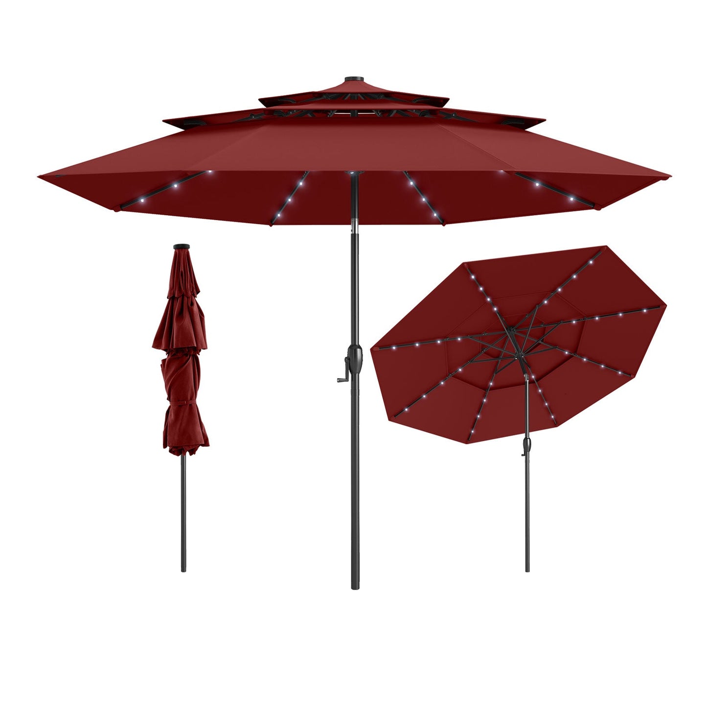 10 Feet Solar Patio Umbrella with 32 LED Lights 3-Tier Vented Top-Gray