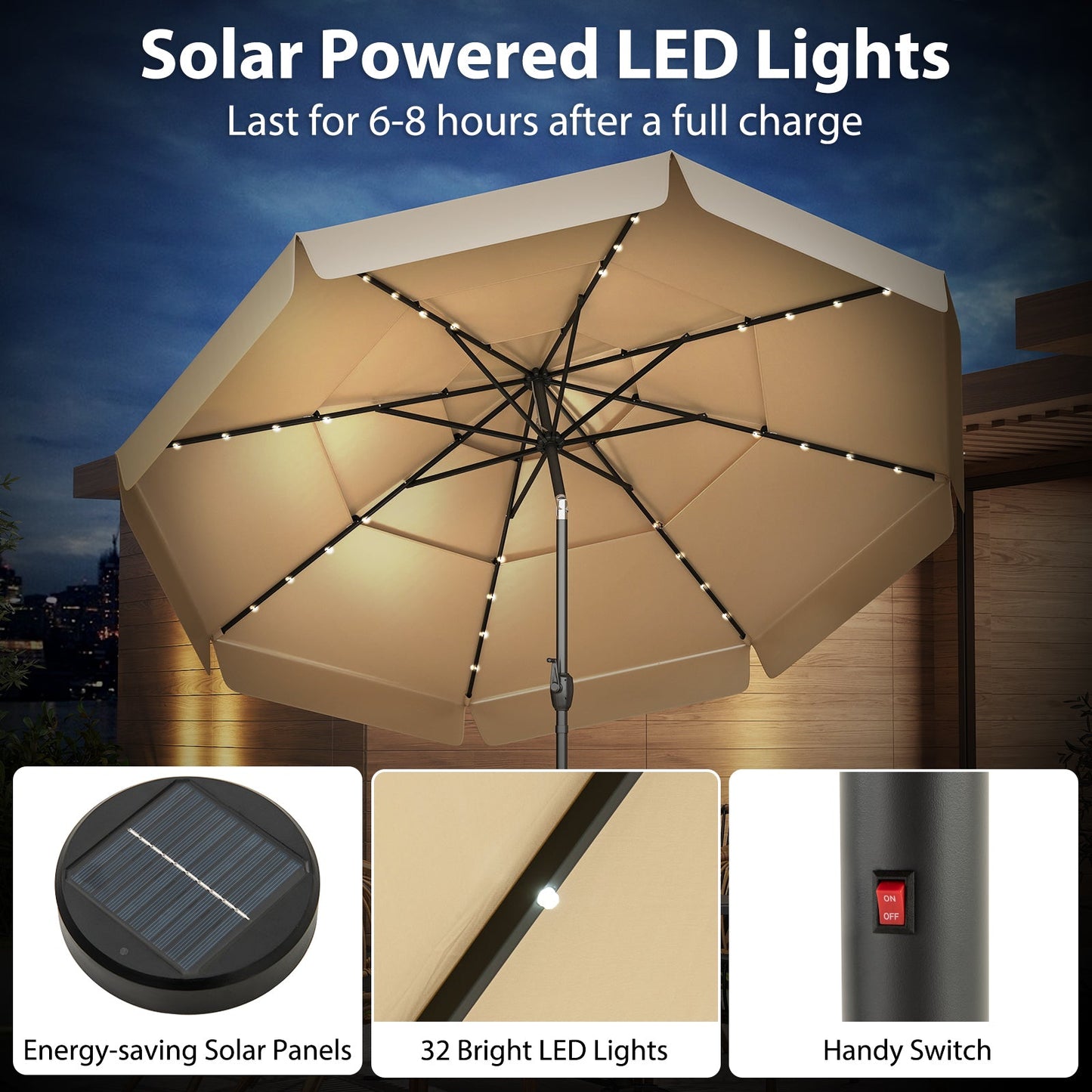 10 Feet Solar Patio Umbrella with 3-Tier Vented Top-Beige