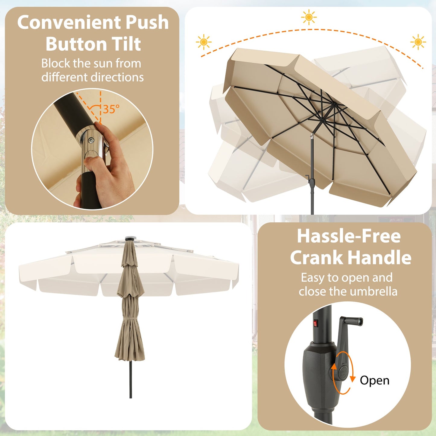 10 Feet Solar Patio Umbrella with 3-Tier Vented Top-Beige