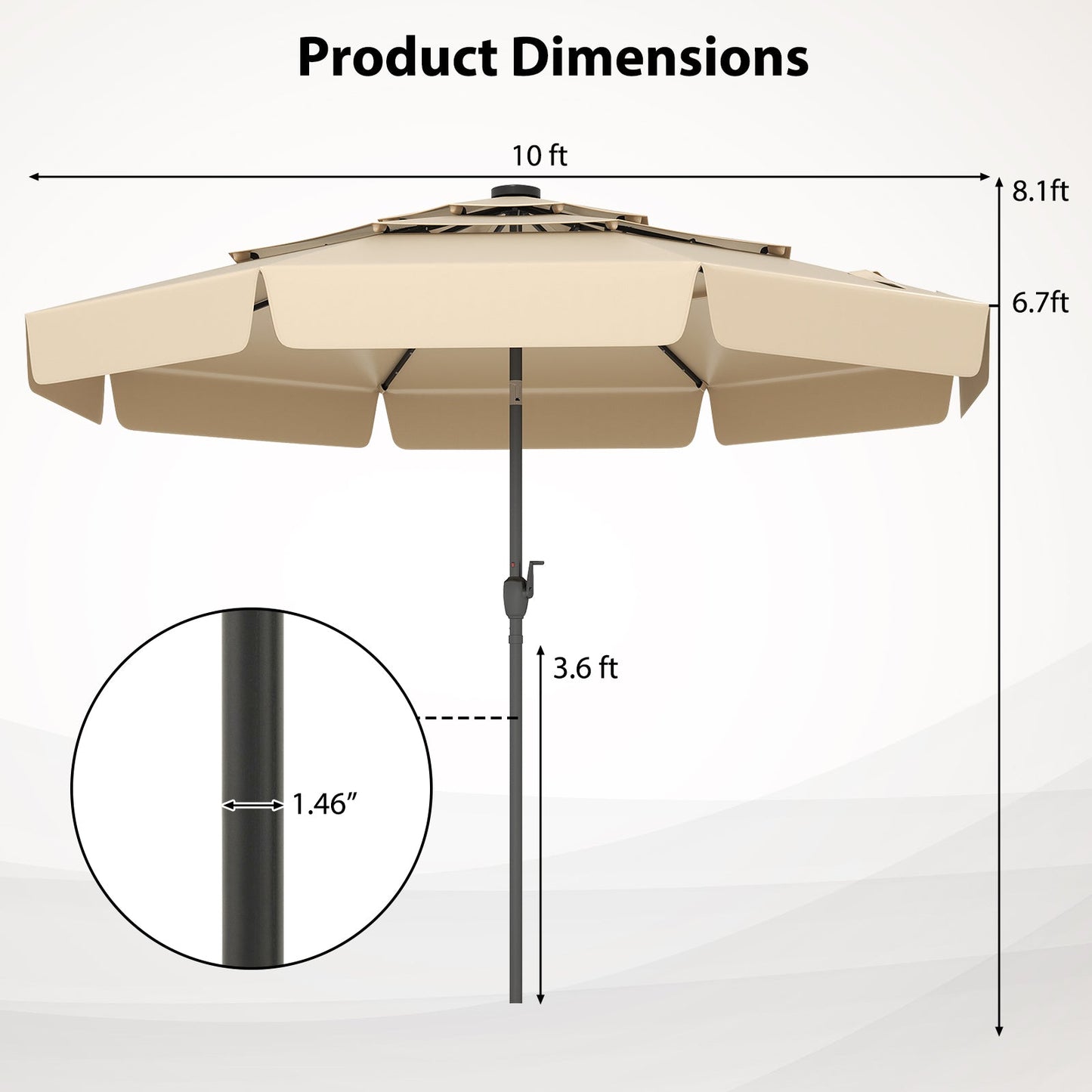 10 Feet Solar Patio Umbrella with 3-Tier Vented Top-Beige