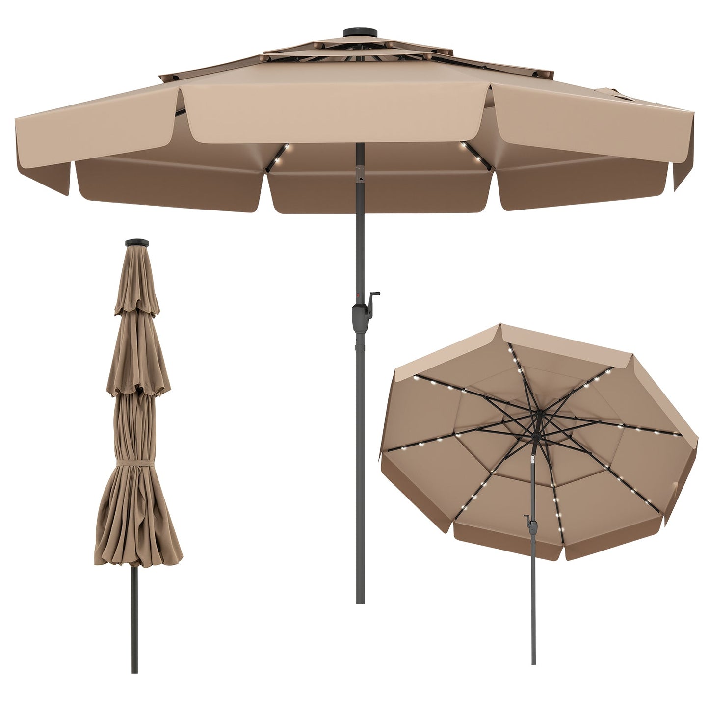 10 Feet Solar Patio Umbrella with 3-Tier Vented Top-Gray