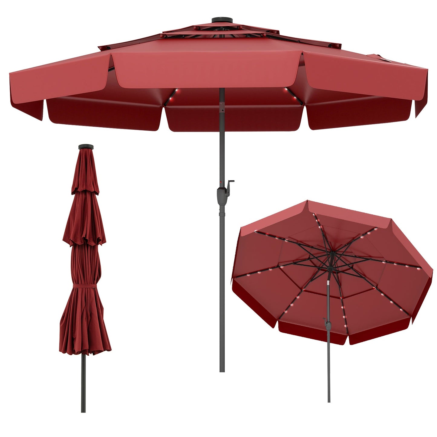 10 Feet Solar Patio Umbrella with 3-Tier Vented Top-Gray