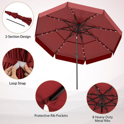 10 Feet Solar Patio Umbrella with 3-Tier Vented Top-Red