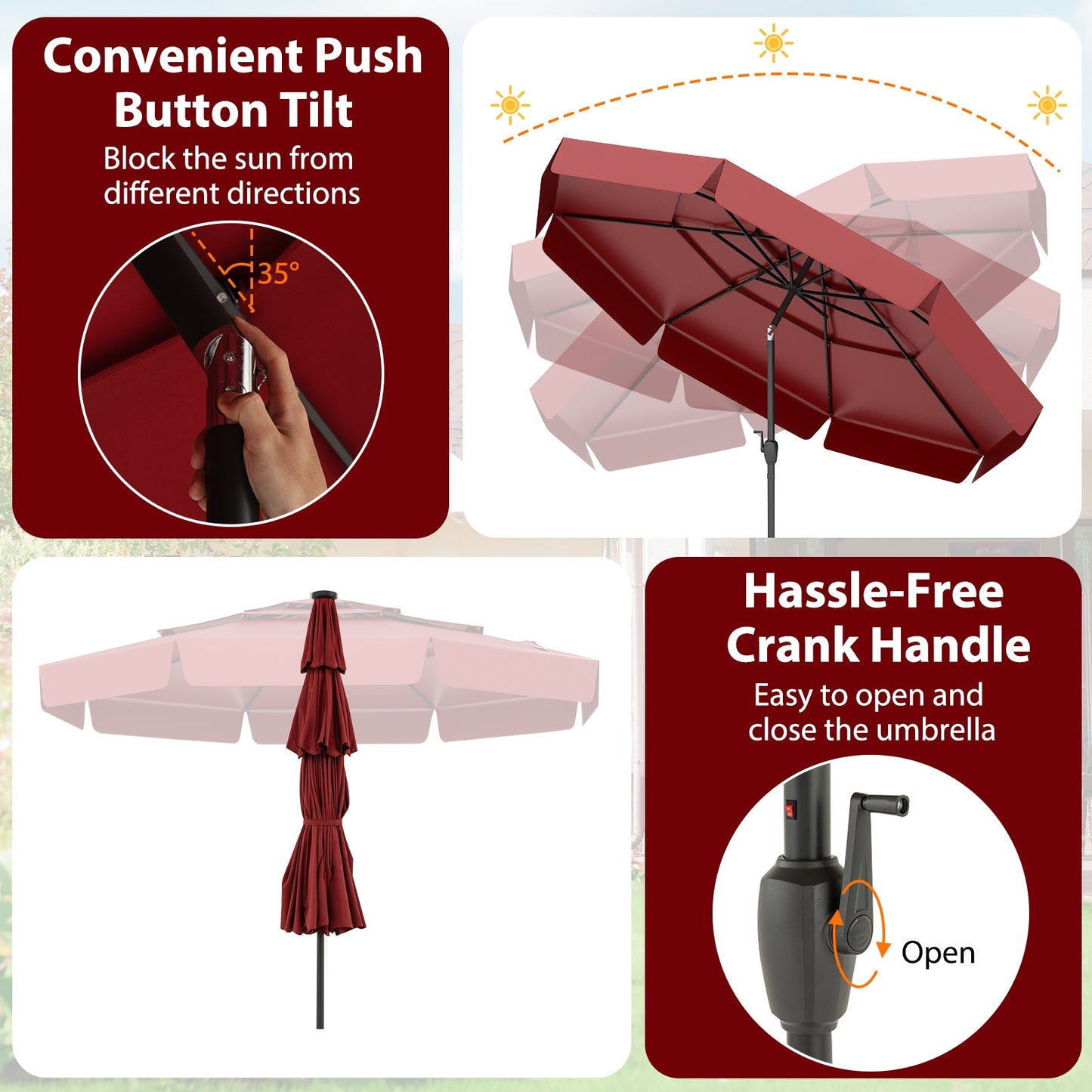 10 Feet Solar Patio Umbrella with 3-Tier Vented Top-Red