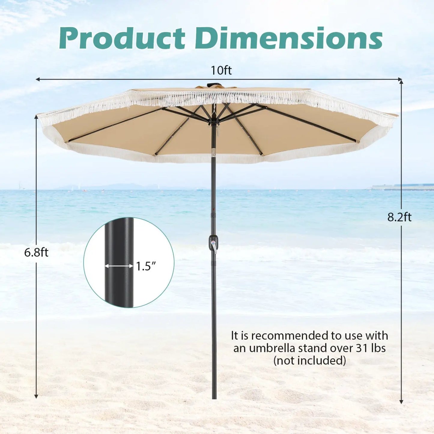 10 Feet Solar Patio Umbrella with 24 LED Lights