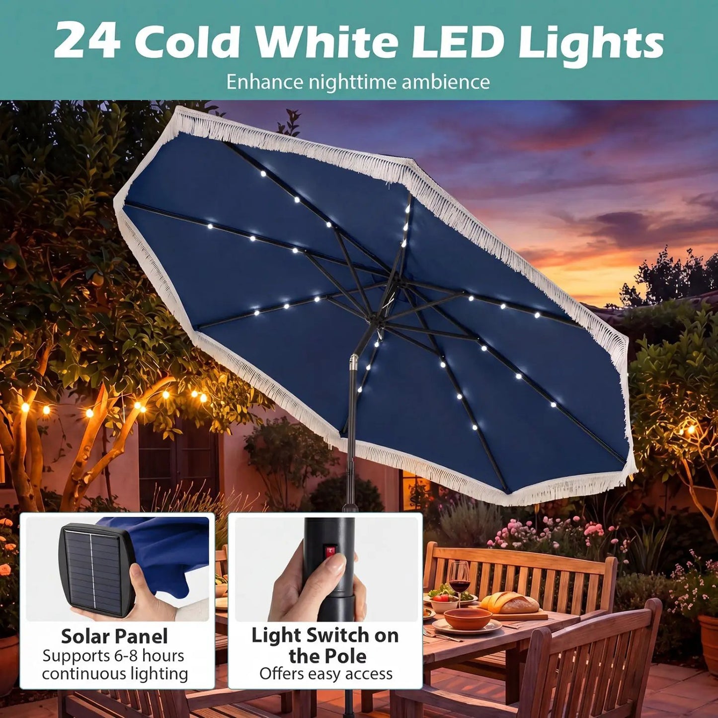 10 Feet Solar Patio Umbrella with 24 LED Lights
