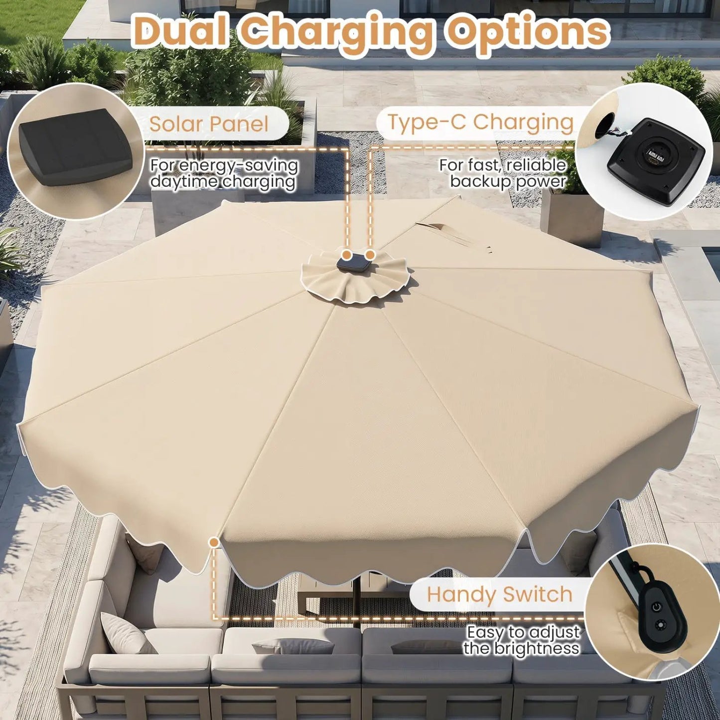 10 Ft Solar Patio Umbrella With LED Lights