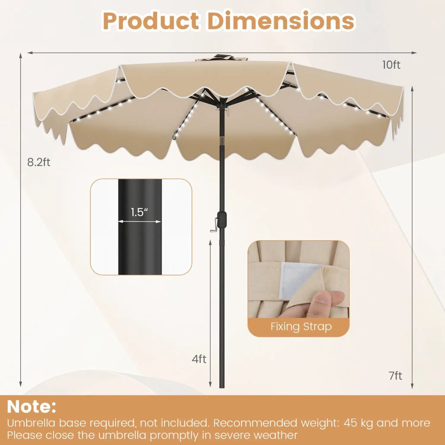 10 Ft Solar Patio Umbrella With LED Lights