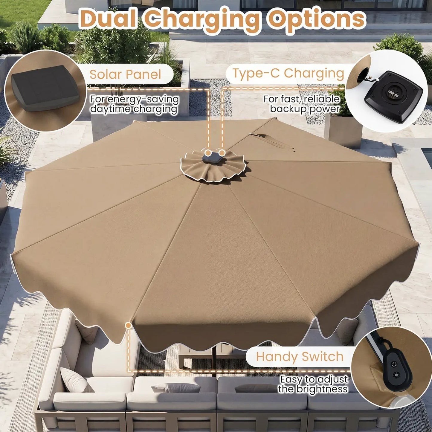10 Ft Solar Patio Umbrella With LED Lights