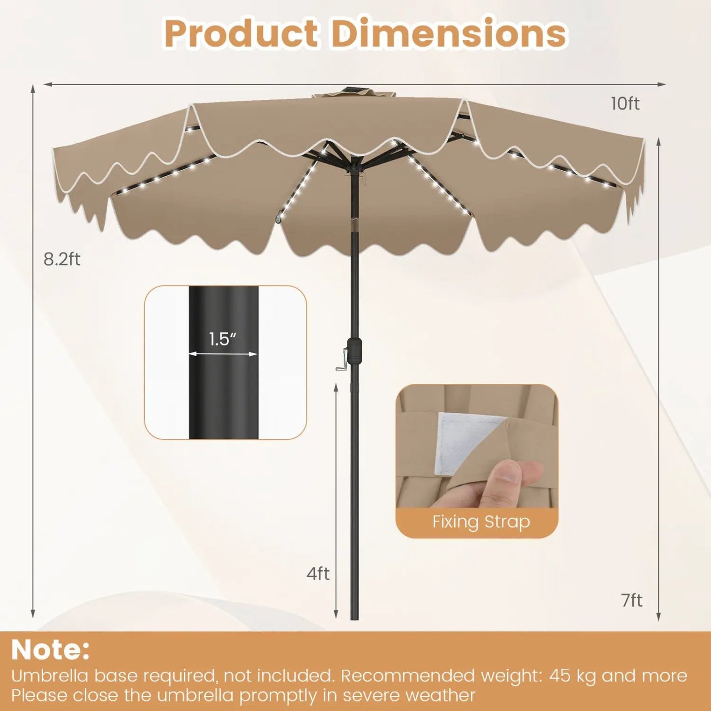 10 Ft Solar Patio Umbrella With LED Lights