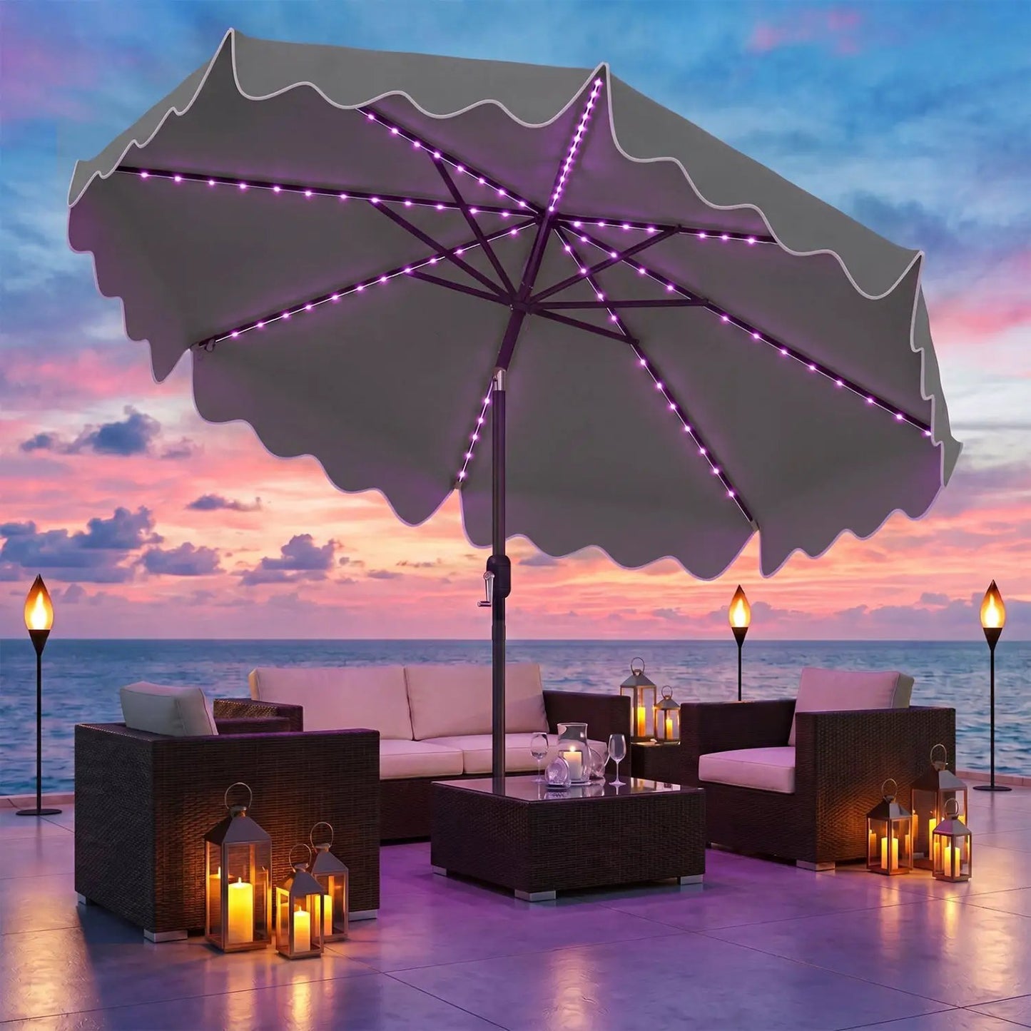 10 Ft Solar Patio Umbrella With LED Lights