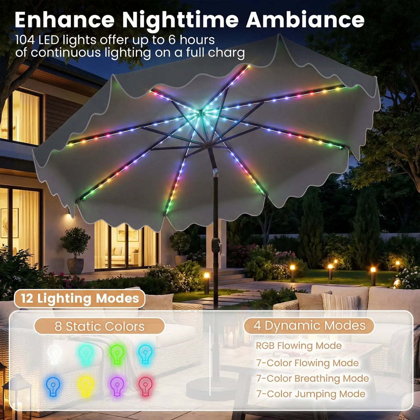 10 Ft Solar Patio Umbrella With LED Lights