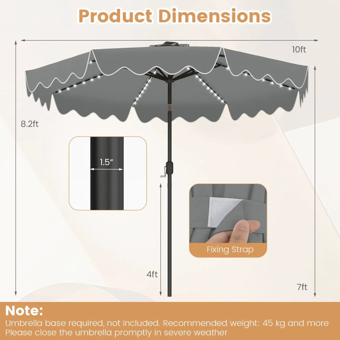10 Ft Solar Patio Umbrella With LED Lights