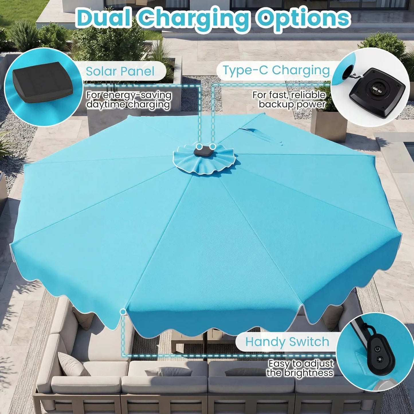 10 Ft Solar Patio Umbrella With LED Lights