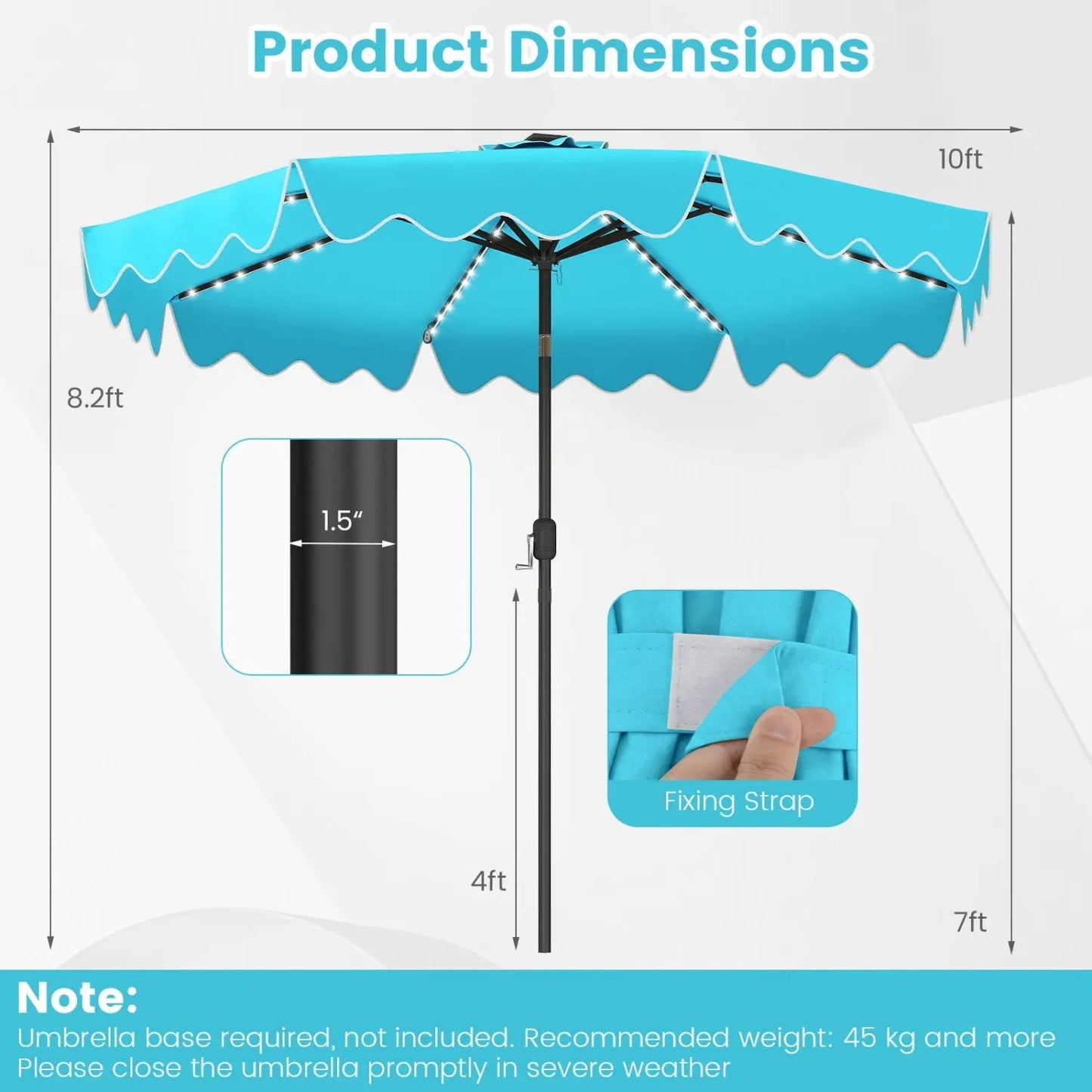 10 Ft Solar Patio Umbrella With LED Lights