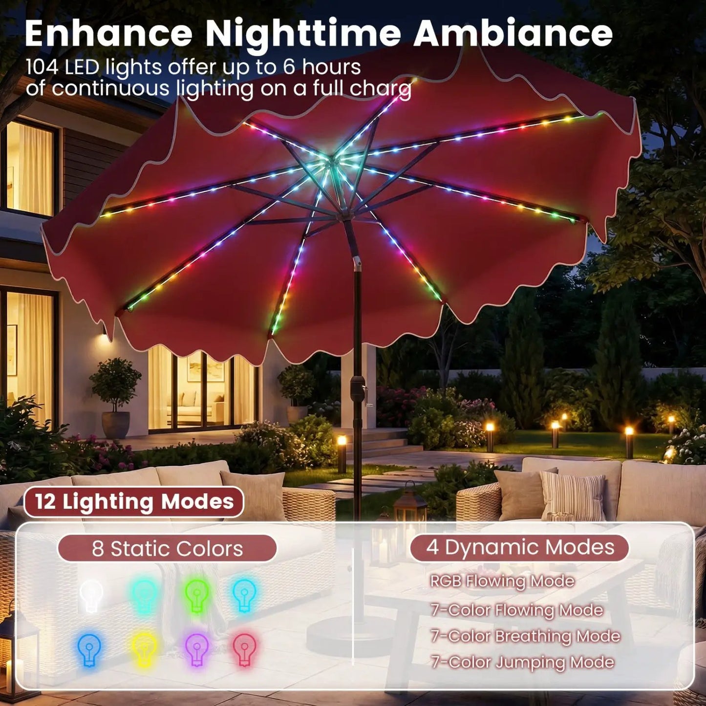 10 Ft Solar Patio Umbrella With LED Lights