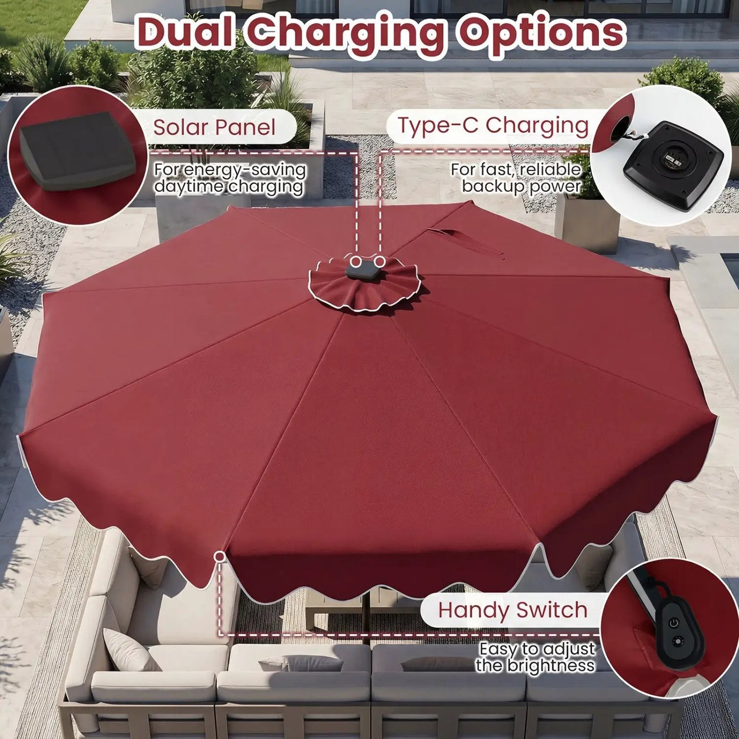 10 Ft Solar Patio Umbrella With LED Lights