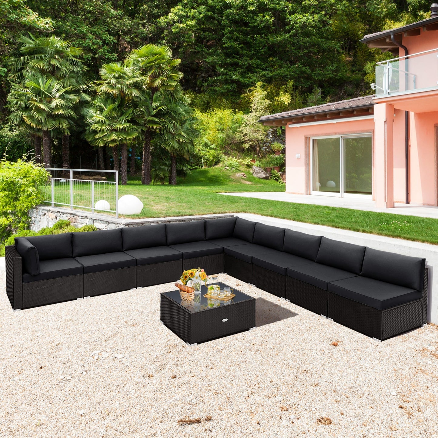 10 Piece Outdoor Wicker Conversation Set with Seat and Back Cushions