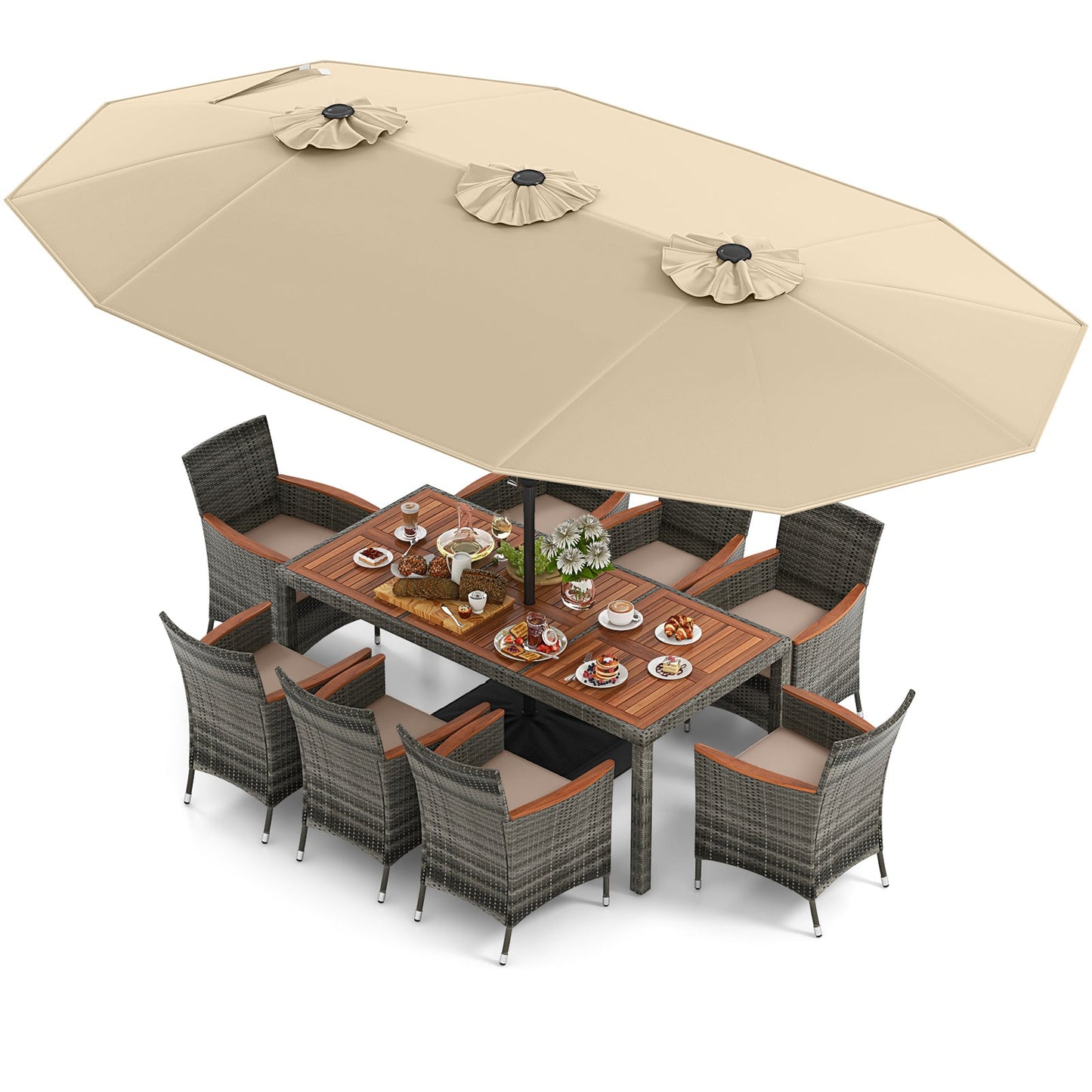 10 Pieces Patio Wicker Dining Set with 15 Feet Double-Sided Patio Umbrella-Turquoise